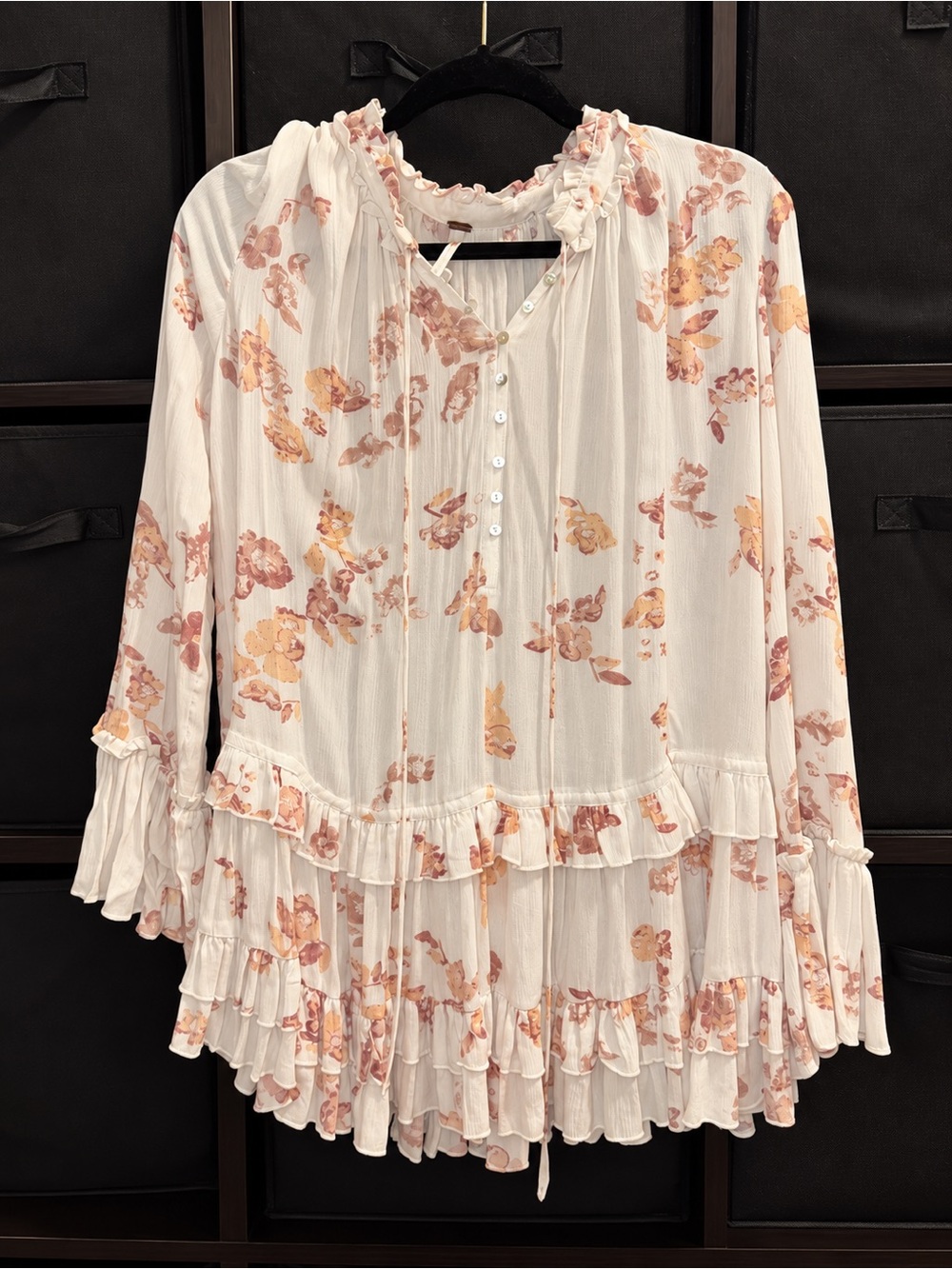 Free People Tunic Mini Dress S Cream Boho Floral Ruffle Blouse